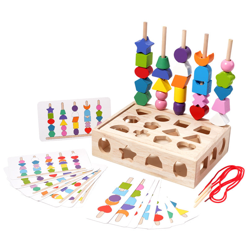 Children's puzzle bead five sets of columns, color sensory enlightenment, shape matching perception, early education, wooden building blocks play