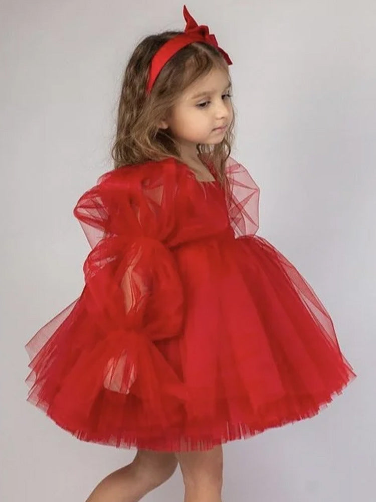 Princess Dress Children's First Birthday Formal Dress Cute Flower Girl Wedding One-Shoulder Princess Dress Tulle Puffy Skirt
