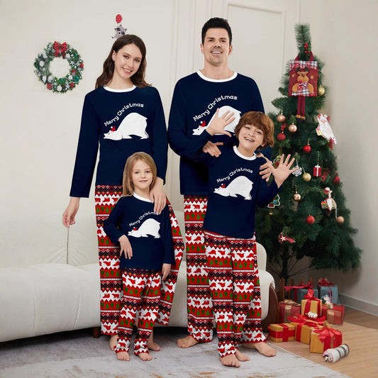 Family Christmas Pajamas Set Polar Bear Letter Print, Round Sleeve, Long Pants, Home Wear