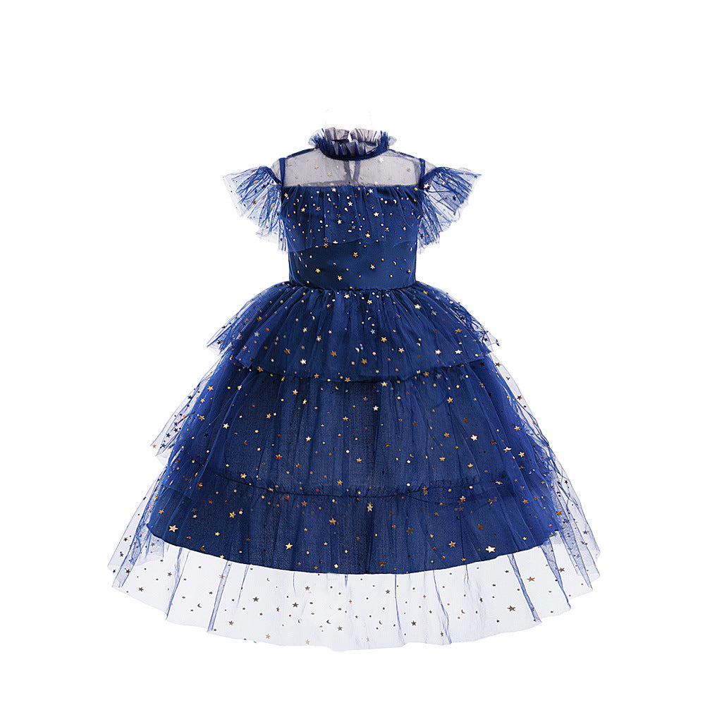 Star Mesh Dress for Girls Princess Dress with Layered Cake Skirt Holiday Children's Formal Dress