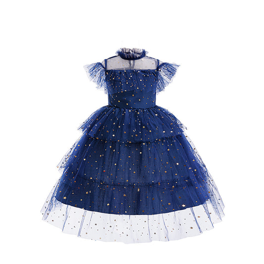 Star Mesh Dress for Girls Princess Dress with Layered Cake Skirt Holiday Children's Formal Dress