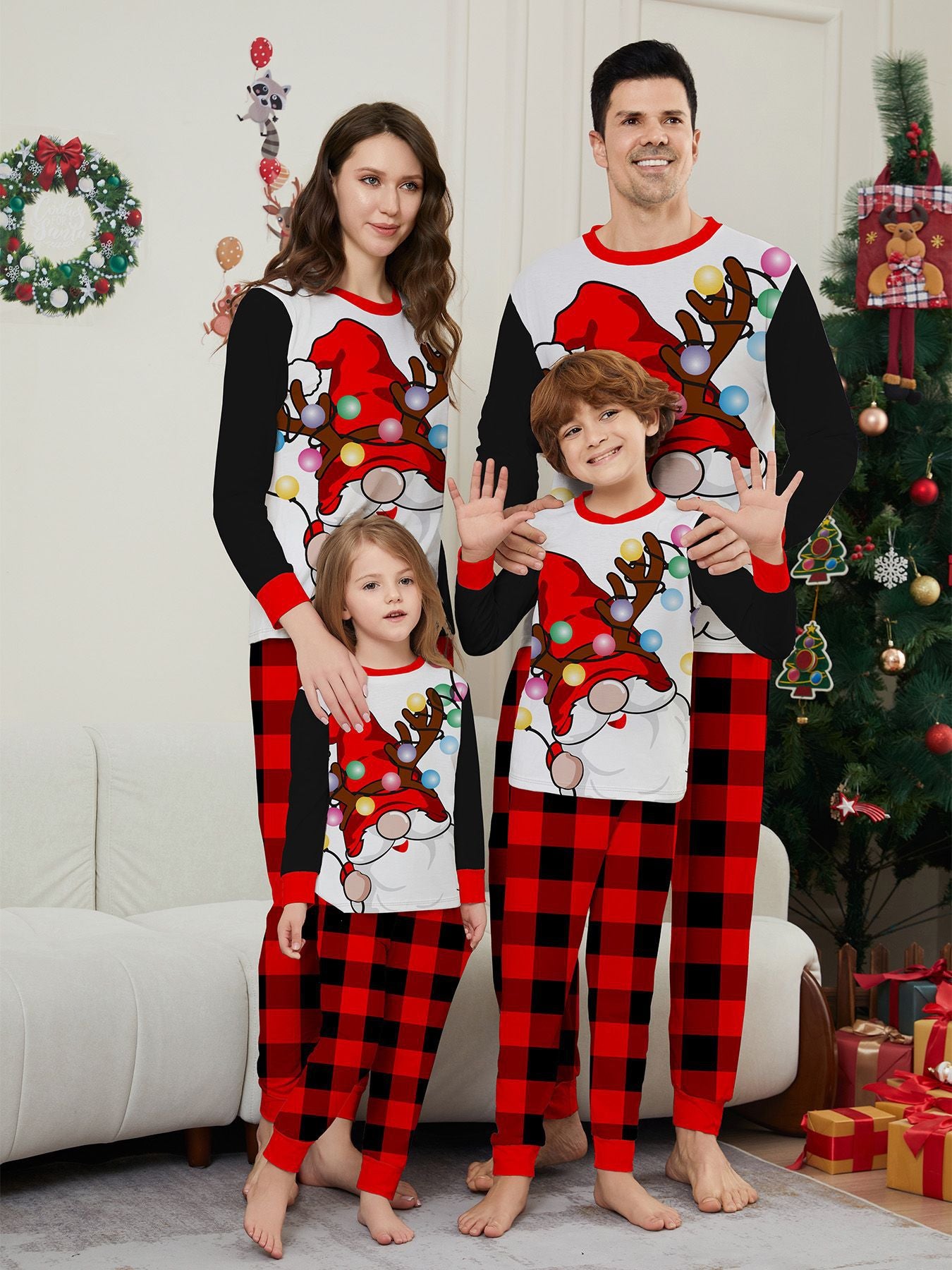 Christmas Santa Hat Plaid Printed Home Wear Pajamas Family Matching Set