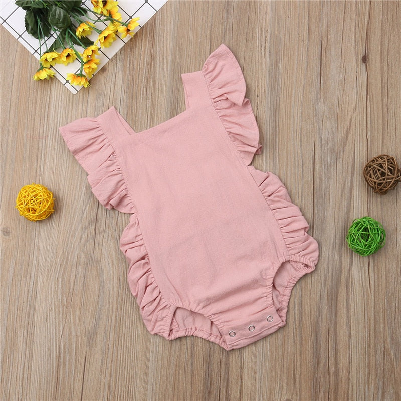 Newborn Baby Girl Ruffled Solid Color Sleeveless Backless Romper Jumpsuit Outfit Sunsuit