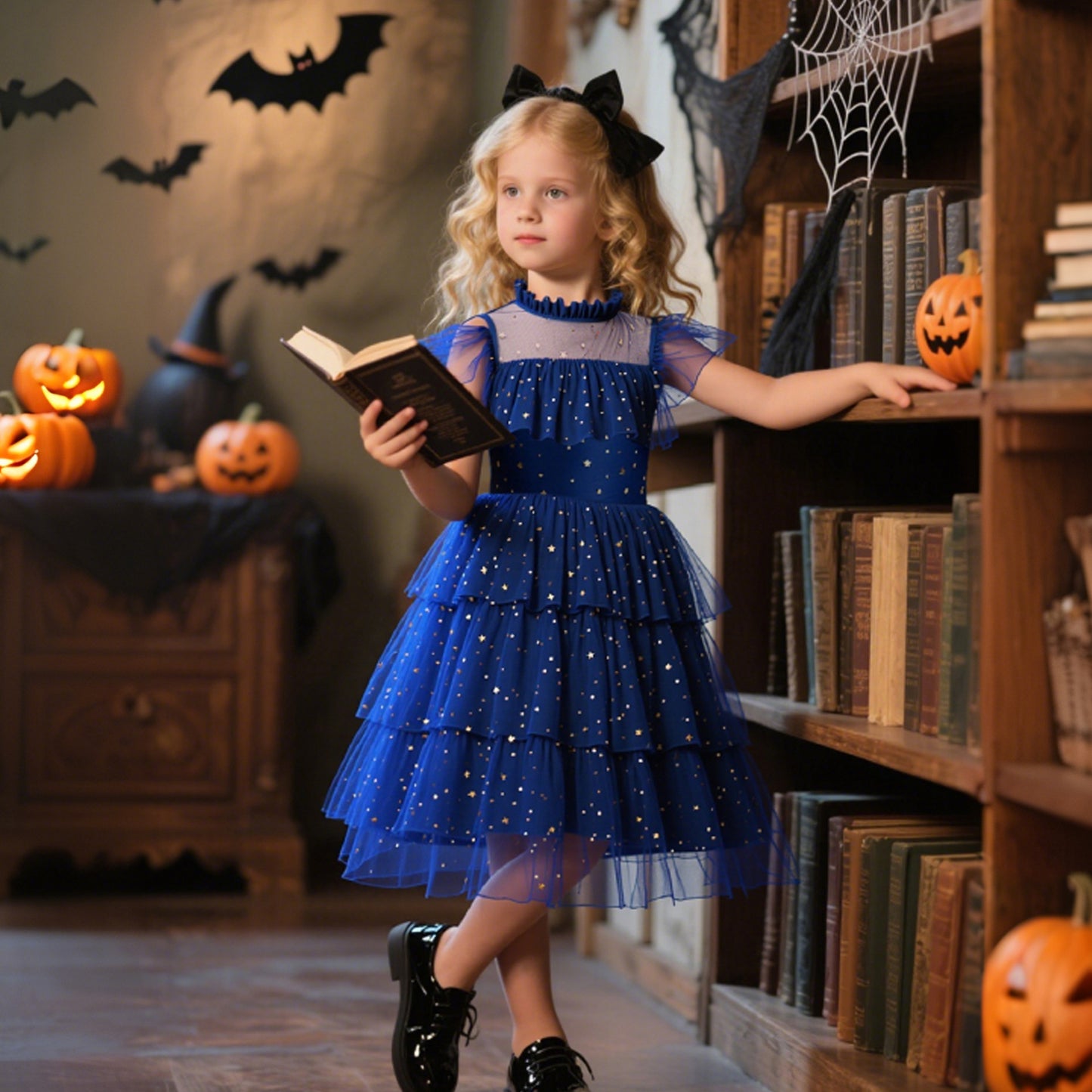 Star Mesh Dress for Girls Princess Dress with Layered Cake Skirt Holiday Children's Formal Dress