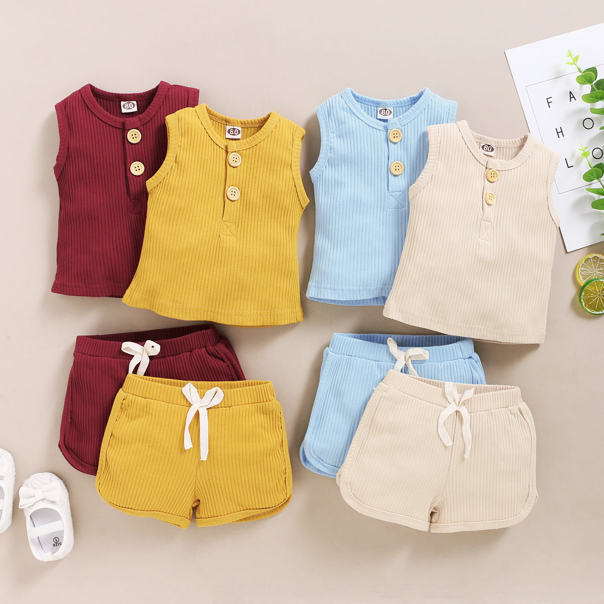 Baby Clothes Set Toddler Boys Girls Solid Sleeveless Button Vest Tops+shorts Outfits Set roupa bebes menina newborn clothes