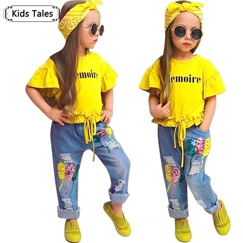 Children Sets for Girls – 3pcs Outfit with T-Shirt, Pants & Headband