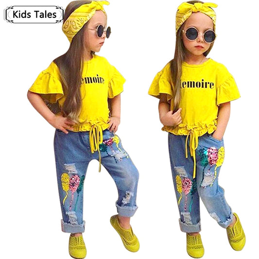 Children Sets for Girls – 3pcs Outfit with T-Shirt, Pants & Headband