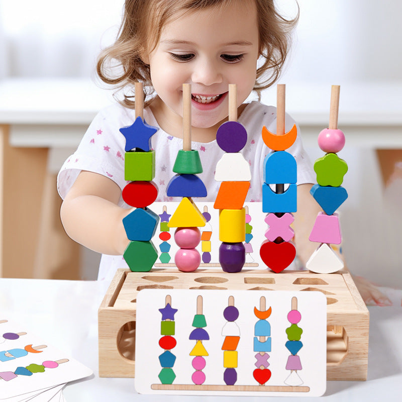 Children's puzzle bead five sets of columns, color sensory enlightenment, shape matching perception, early education, wooden building blocks play