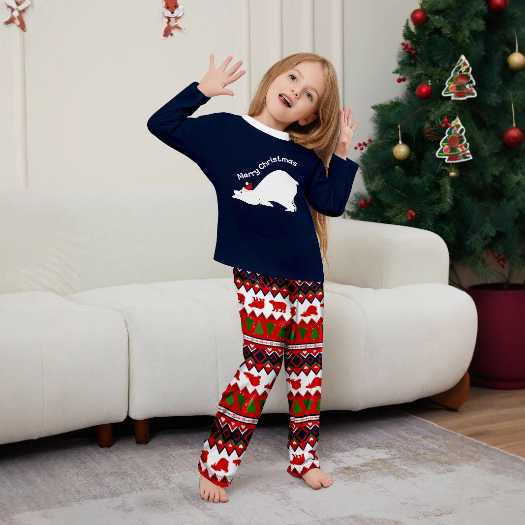 Family Christmas Pajamas Set Polar Bear Letter Print, Round Sleeve, Long Pants, Home Wear