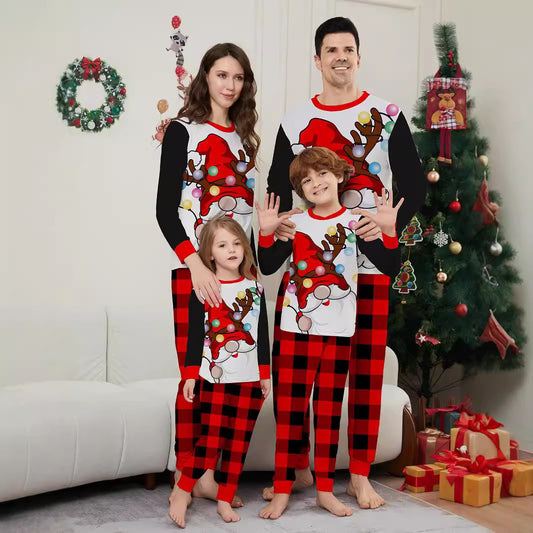 Christmas Santa Hat Plaid Printed Home Wear Pajamas Family Matching Set