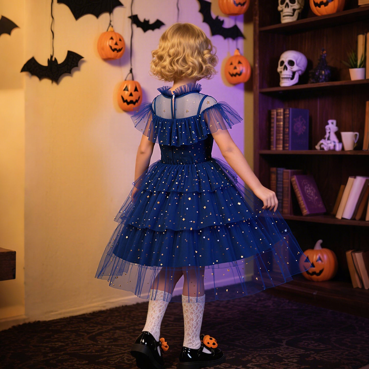 Star Mesh Dress for Girls Princess Dress with Layered Cake Skirt Holiday Children's Formal Dress