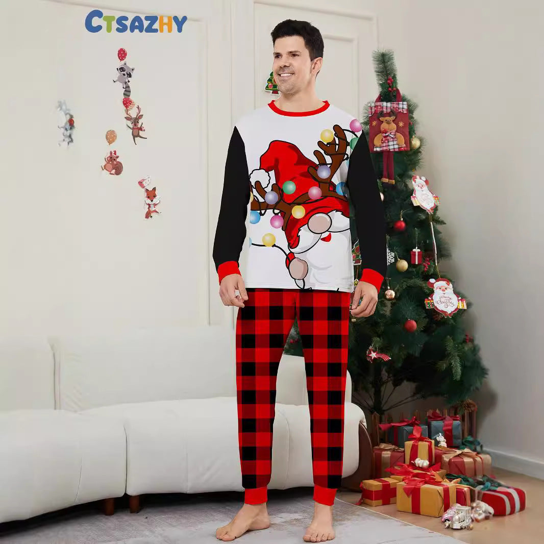 Christmas Santa Hat Plaid Printed Home Wear Pajamas Family Matching Set