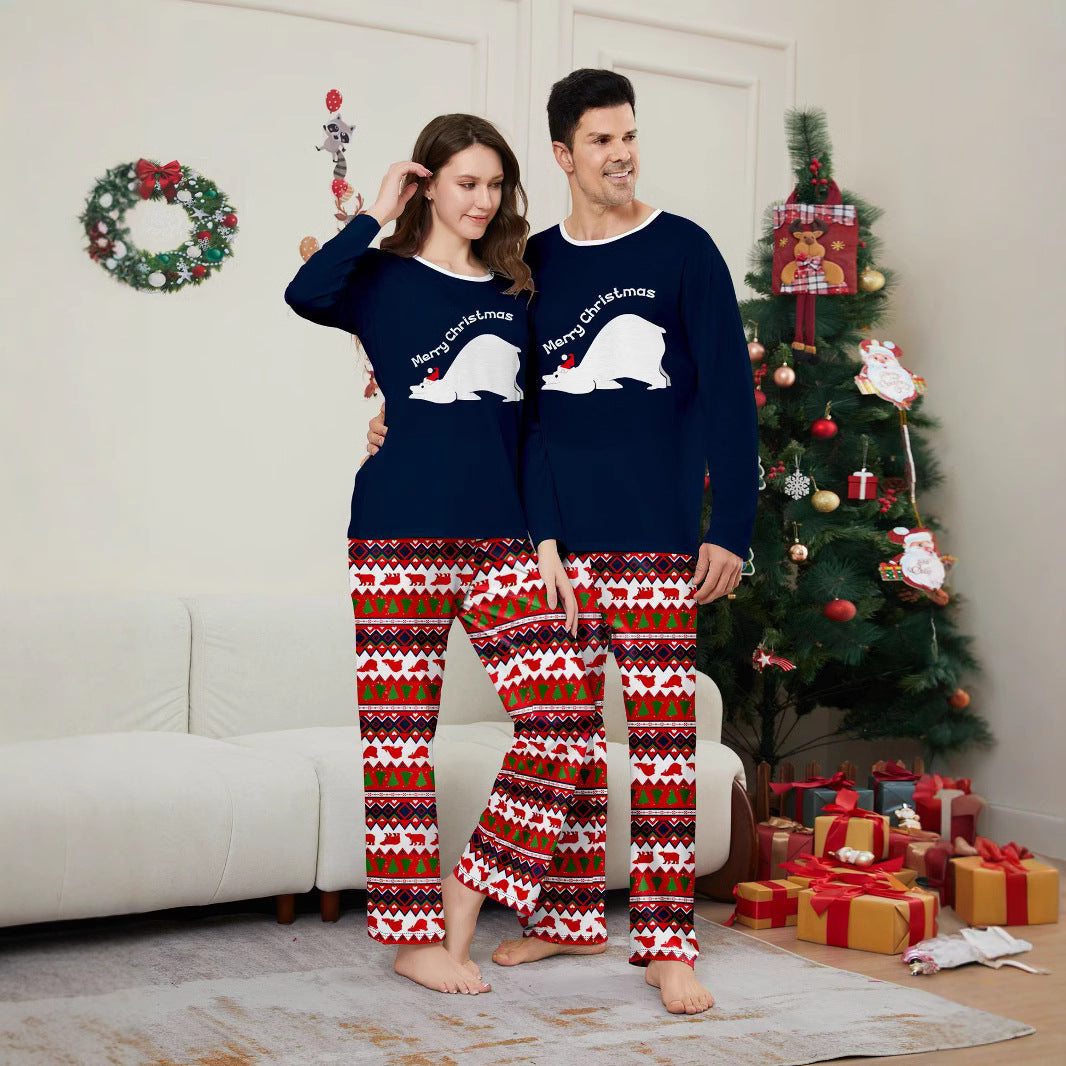 Family Christmas Pajamas Set Polar Bear Letter Print, Round Sleeve, Long Pants, Home Wear