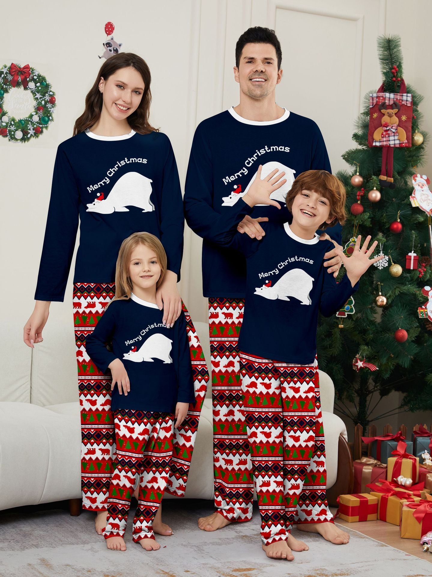 Family Christmas Pajamas Set Polar Bear Letter Print, Round Sleeve, Long Pants, Home Wear