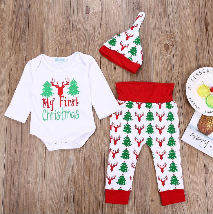 3PCs Christmas Outfits Baby Boy Girl Clothes My First Christmas Romper，Retro Deer Bear Pants+Hat&Headband Set