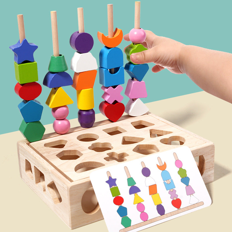 Children's puzzle bead five sets of columns, color sensory enlightenment, shape matching perception, early education, wooden building blocks play