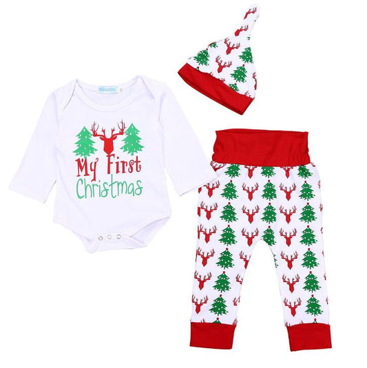 3PCs Christmas Outfits Baby Boy Girl Clothes My First Christmas Romper，Retro Deer Bear Pants+Hat&Headband Set