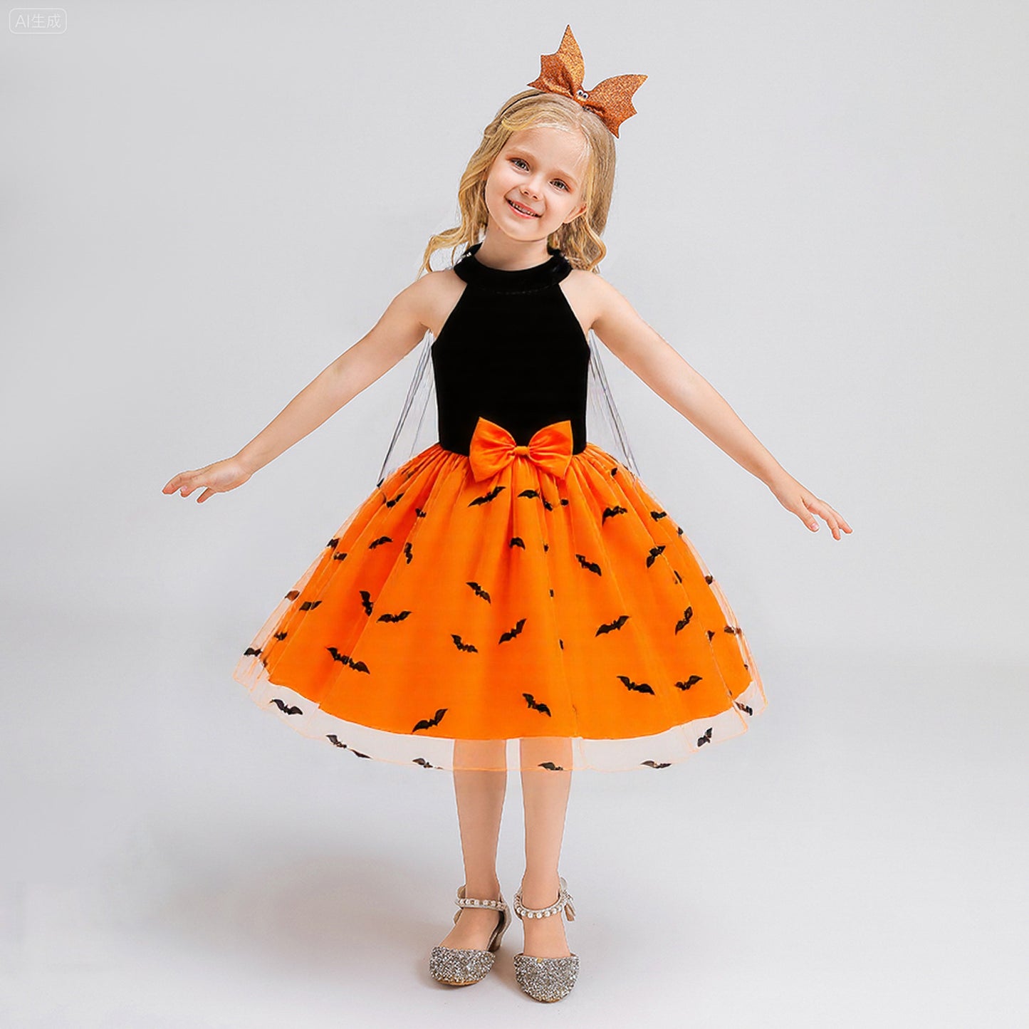 Halloween Princess Dress Off-Shoulder Strapless Children's Formal Gown with Detachable Cape