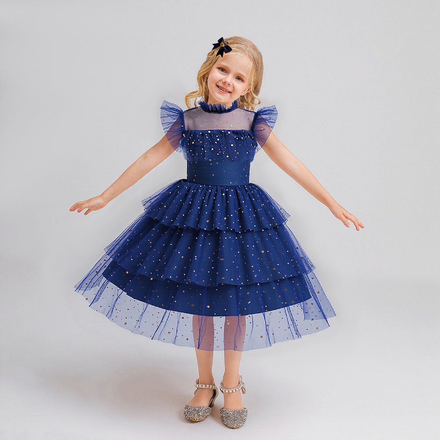 Star Mesh Dress for Girls Princess Dress with Layered Cake Skirt Holiday Children's Formal Dress