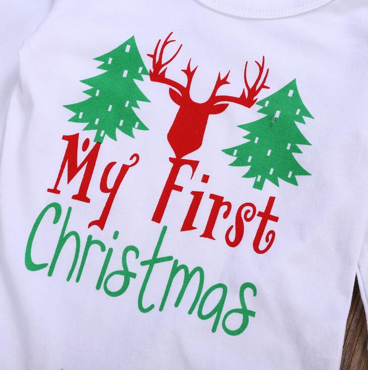 3PCs Christmas Outfits Baby Boy Girl Clothes My First Christmas Romper，Retro Deer Bear Pants+Hat&Headband Set