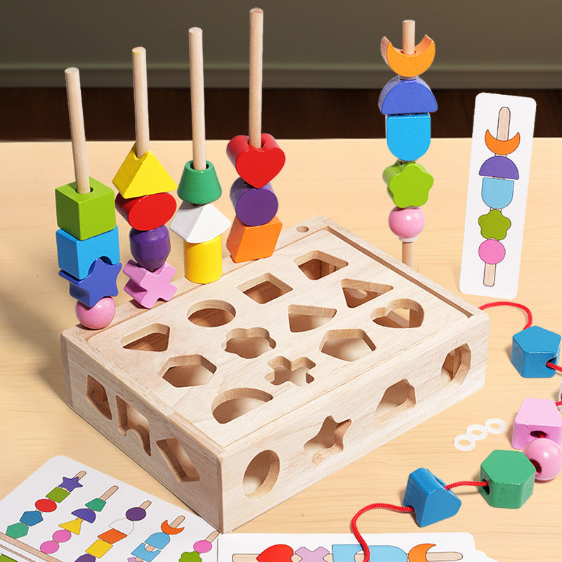 Children's puzzle bead five sets of columns, color sensory enlightenment, shape matching perception, early education, wooden building blocks play