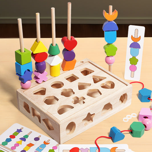 Children's puzzle bead five sets of columns, color sensory enlightenment, shape matching perception, early education, wooden building blocks play