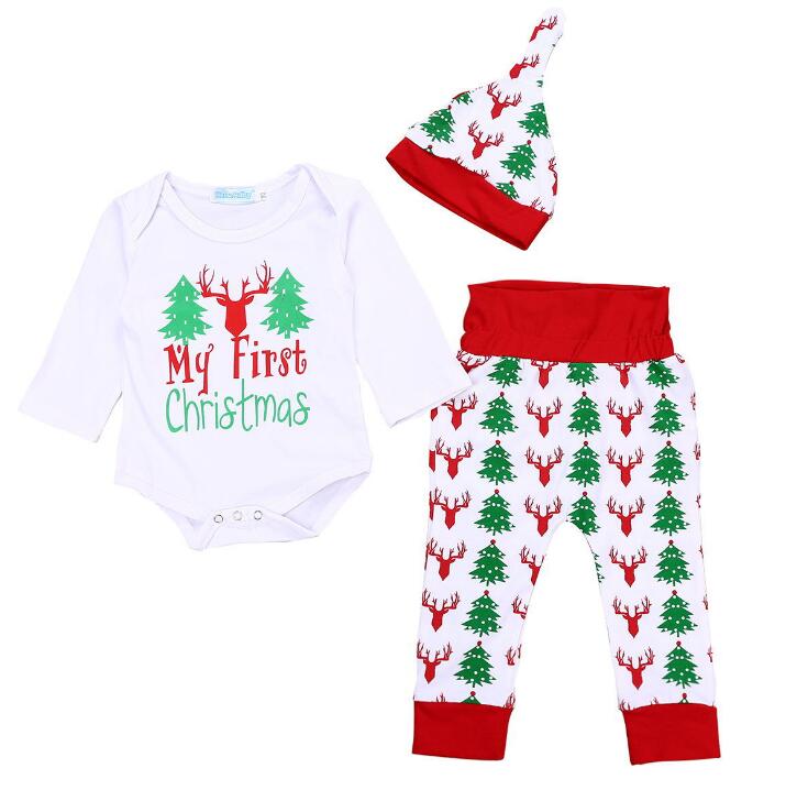 3PCs Christmas Outfits Baby Boy Girl Clothes My First Christmas Romper，Retro Deer Bear Pants+Hat&Headband Set