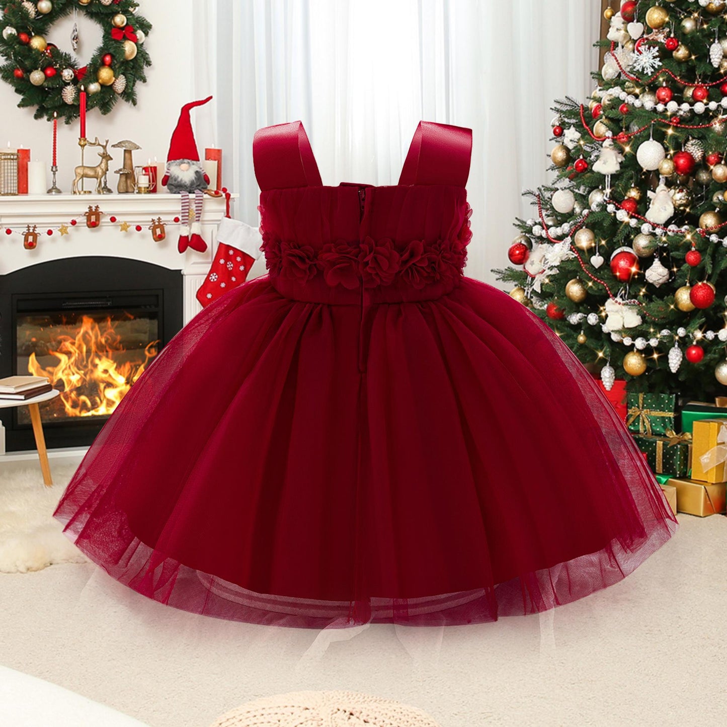 Fairy Tale Style Lace Sleeveless Floral Applique Puffy Dress