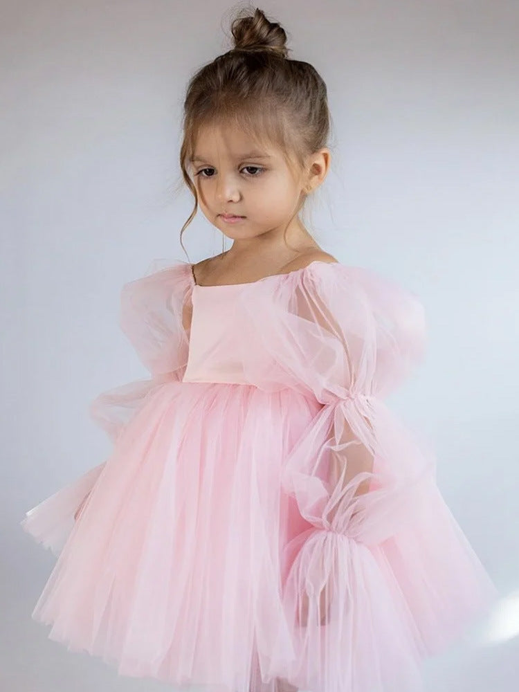 Princess Dress Children's First Birthday Formal Dress Cute Flower Girl Wedding One-Shoulder Princess Dress Tulle Puffy Skirt