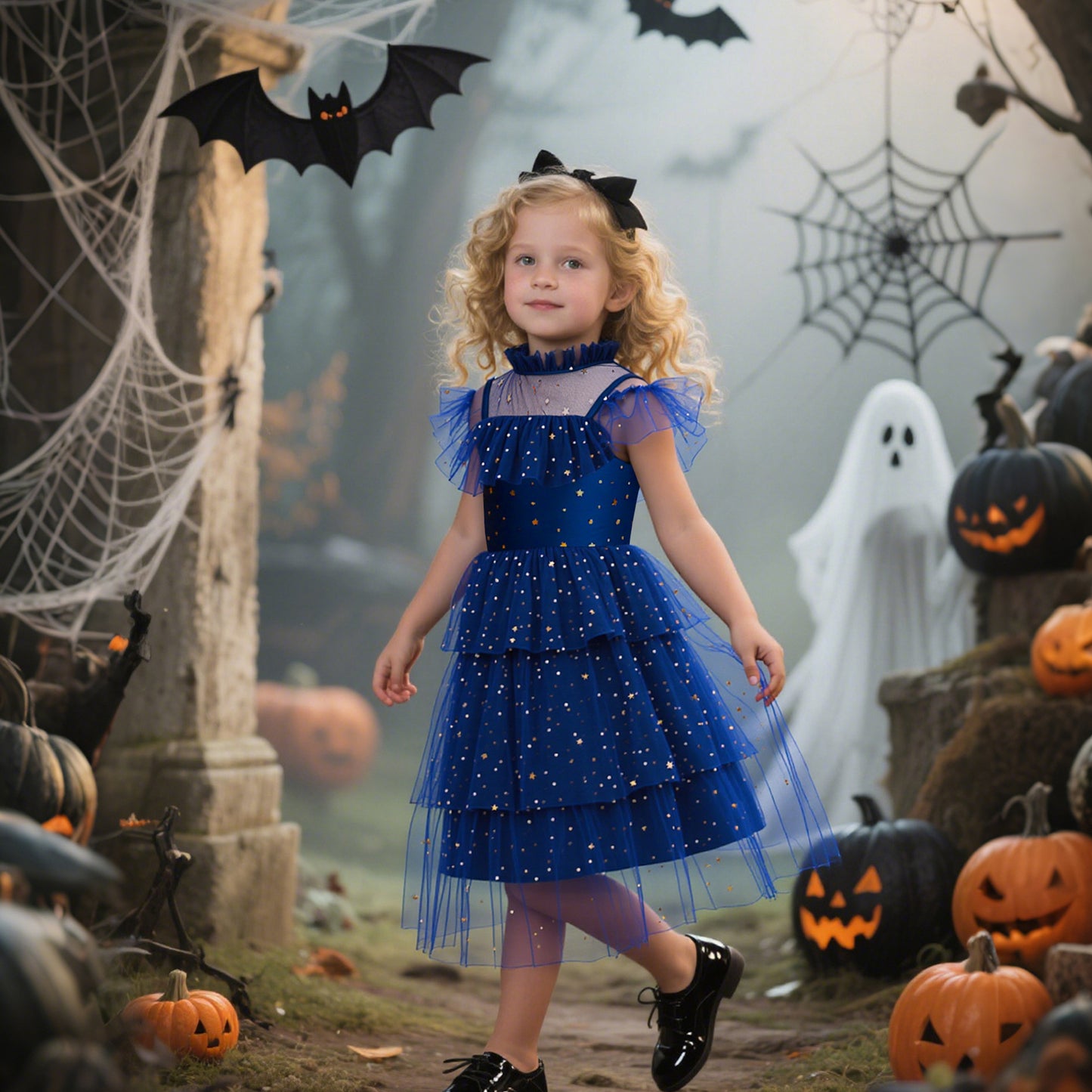 Star Mesh Dress for Girls Princess Dress with Layered Cake Skirt Holiday Children's Formal Dress