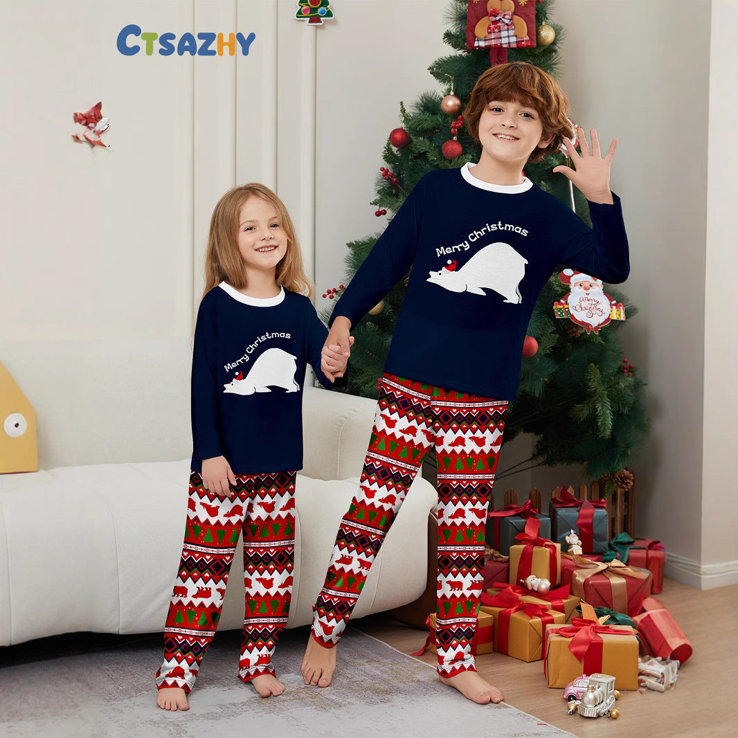 Family Christmas Pajamas Set Polar Bear Letter Print, Round Sleeve, Long Pants, Home Wear