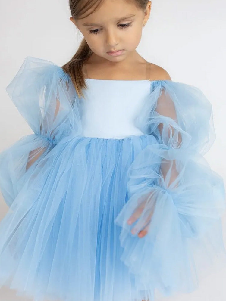 Princess Dress Children's First Birthday Formal Dress Cute Flower Girl Wedding One-Shoulder Princess Dress Tulle Puffy Skirt
